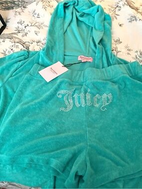 Juicy Couture Teal Velour Hoodie and Shorts Set with Rhinestone Logo